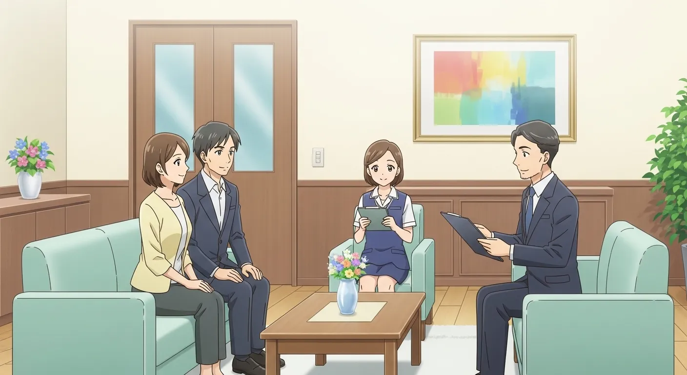 いわき市で葬儀社と相談する家族のアニメイラスト