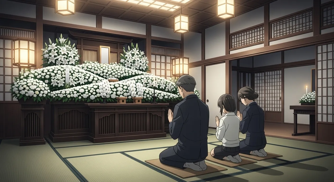 会津若松市の家族葬で静かに手を合わせる家族のイラスト