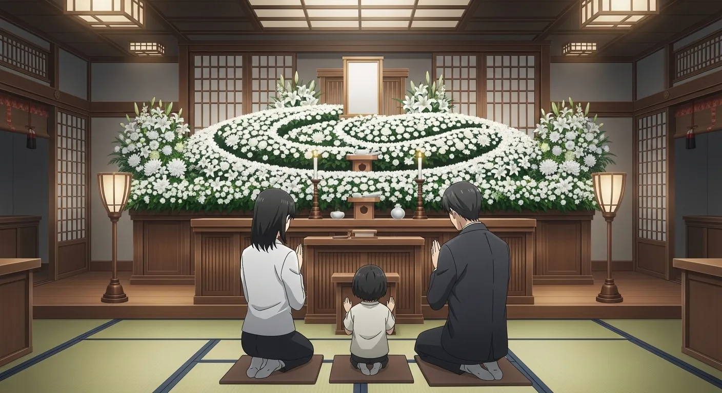 須賀川市の家族葬で静かに手を合わせる家族のイメージ